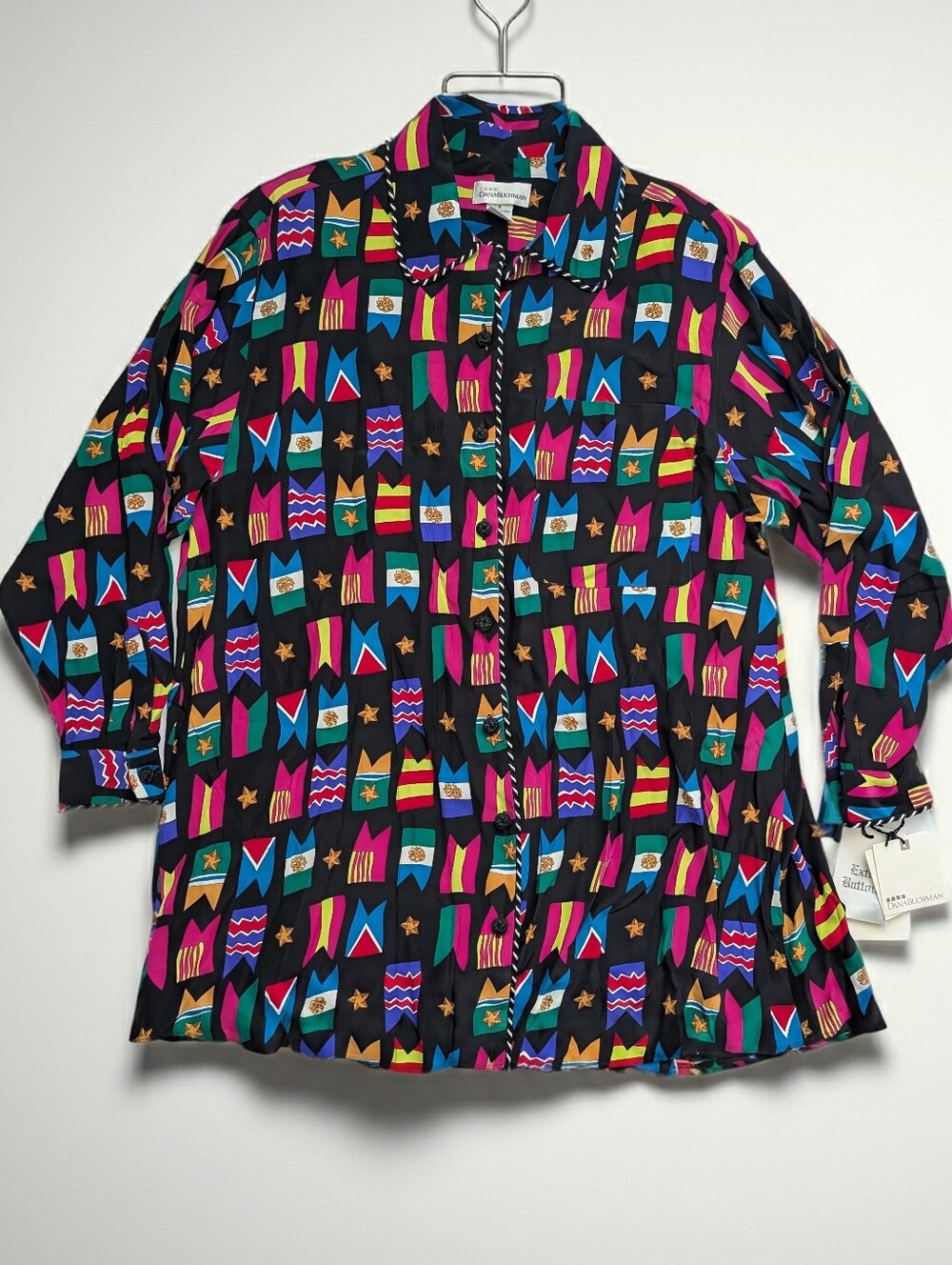 Dana Buchman 100% Silk Flag Print Button Down Shirt NOS NWT Small Oversized 90s
